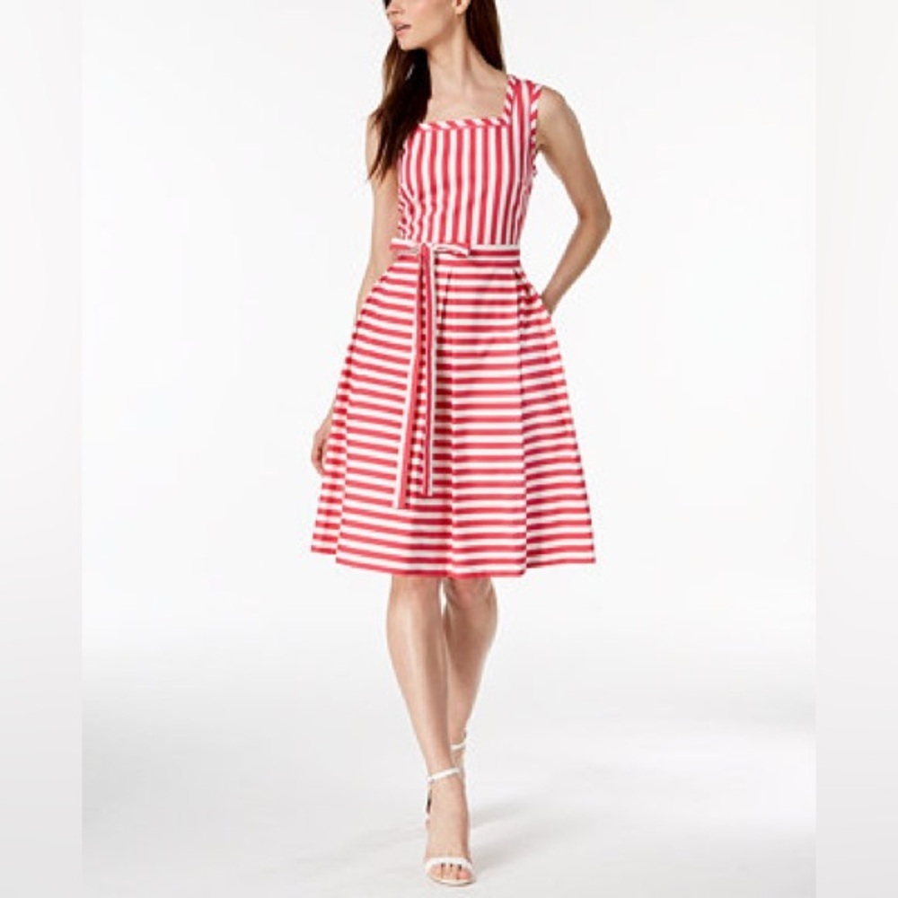 Anne Klein Women’s Square Neck Striped Self-Belted Fit & Flare Dress Size 6 NWOT